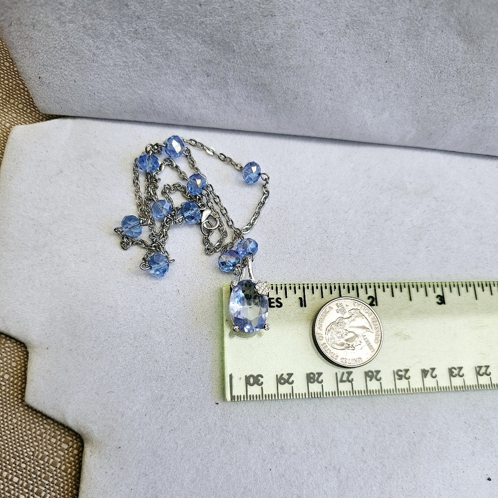 SET Blue Bead Silvertone Necklace with Blue Crackle Glass Stretch Bracelet - Picture 13 of 16